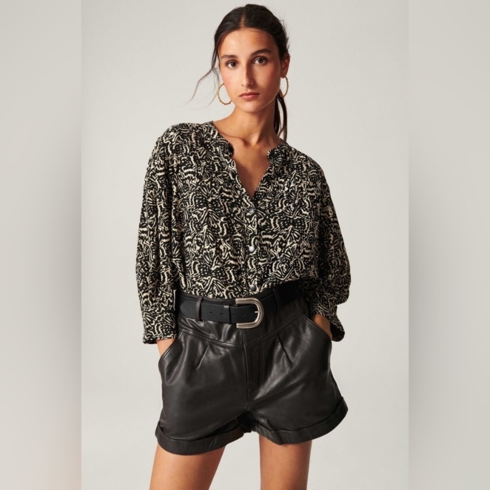 ba&sh Lio Pintucked Shirt Abstract Blouse 100% viscose half sleeves Size 2 - Picture 9 of 16